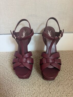 Saint Laurent Burgundy Leather Woven T-Strap Heels